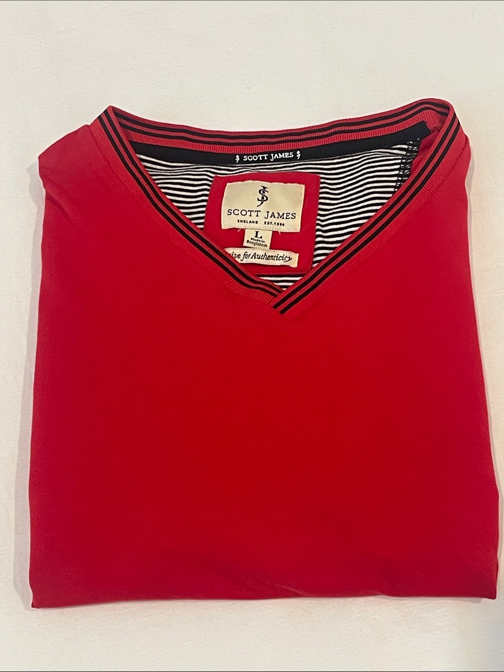 Scott James | Preppy Red V-Neck T Shirt Men’s Stretch Casual Tee Sz L
